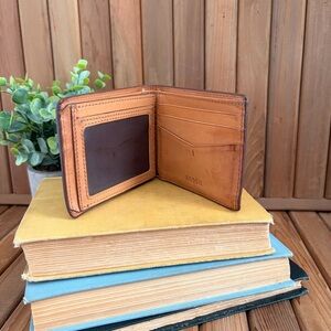 Fossil Brown Perforated Leather Bifold Wallet | Slim Minimalist